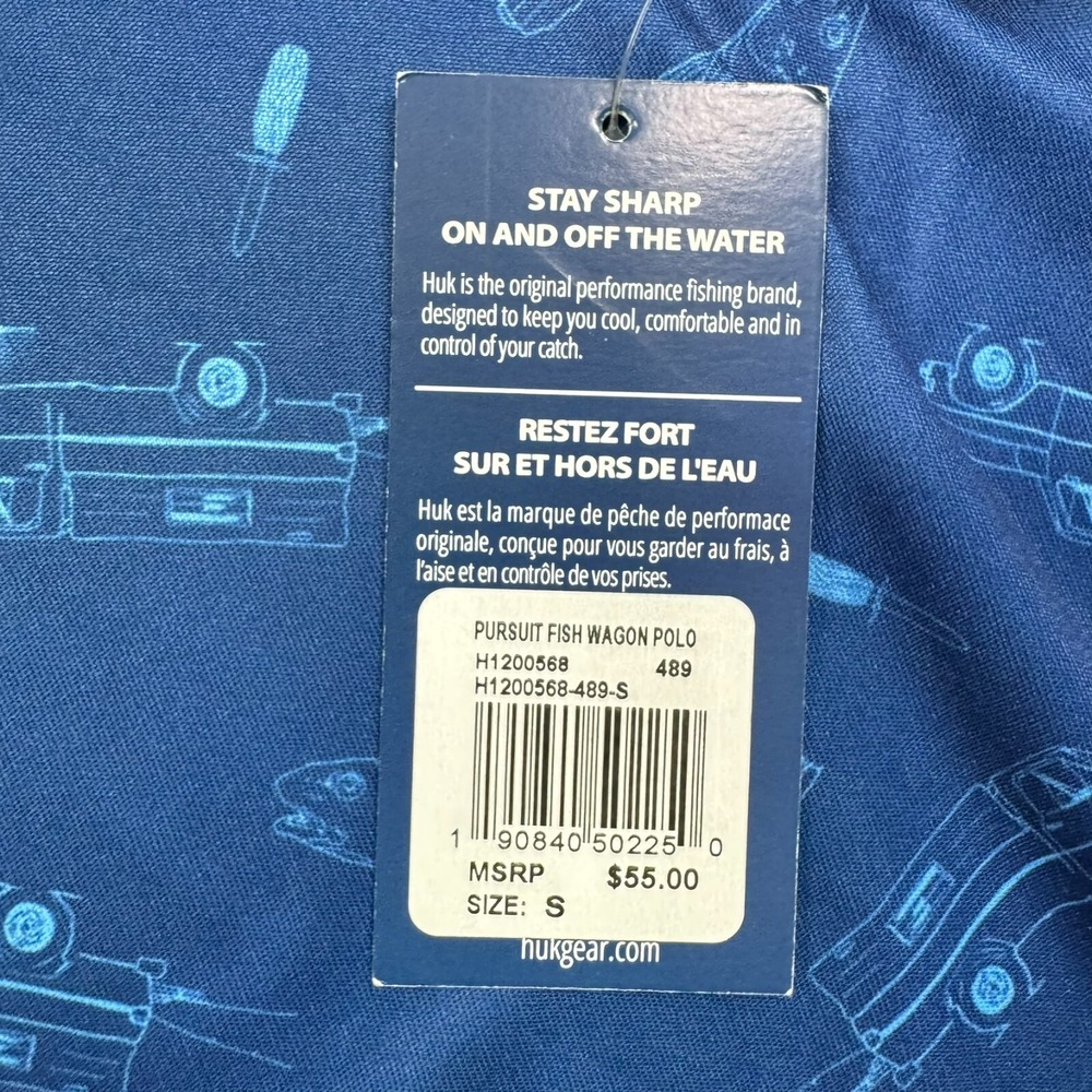 Huk Fishing Polo Hewes Boats Mens S NEW Blue Fish Wagon All Over Geometric Print - Picture 10 of 11